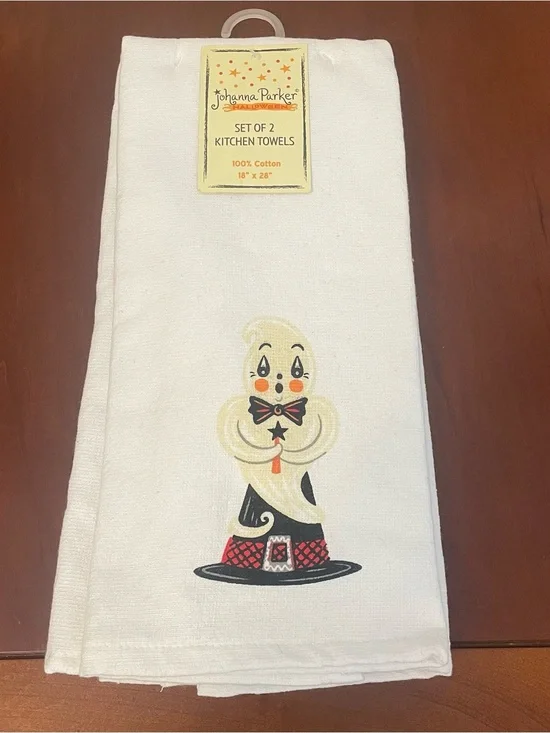NWT JOHANNA PARKER SET 2 GHOST TOWELS Hand Tea Kitchen Halloween Fall Witch Hat