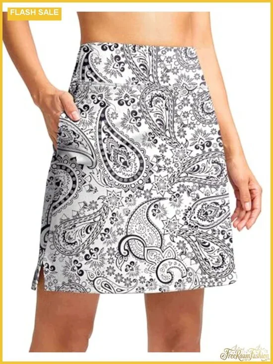 Women's Knee Length Skort with Pockets, High Waisted, Stretchy, Side Slit