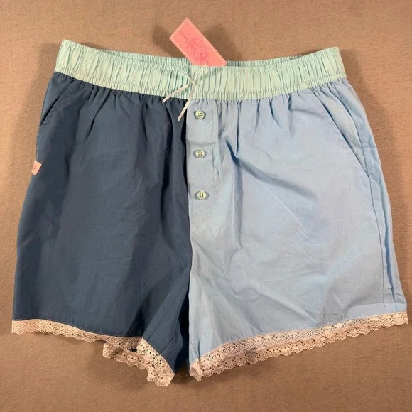 Simply Southern Blue Colorblock Lounge Shorts Lace Trim Cotton Womens Large NWT