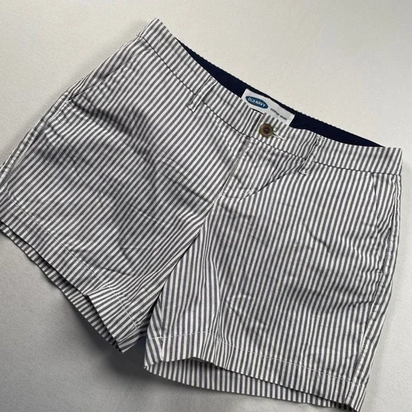 Old Navy Everyday Short Womens 2 Navy White Striped Seersucker Cotton Stretch