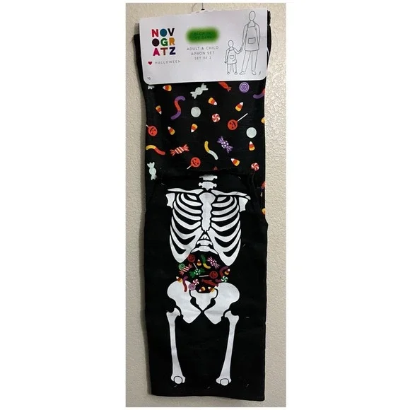 Novogratz Halloween Adult & Child Apron Set Glow In The Dark Skeleton Candy NEW