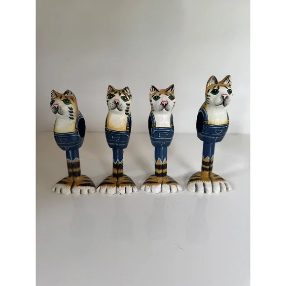 Vintage Hand Painted Wooden Cat Napkin Rings Set of 8 Tabby Overalls Folk Art