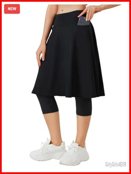 Women's Athletic Skirted Leggings with Pockets High Waisted Knee Length