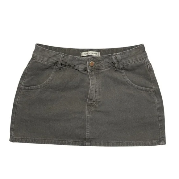 June Studio Y2K Olive Washed Denim Micro Mini Skirt Low Rise Utility Washed