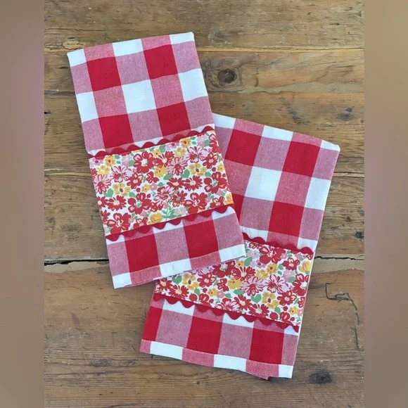 Handmade Kitchen Towel Red & Wht Buffalo Check 100% cotton Set of 2 farmhouse
