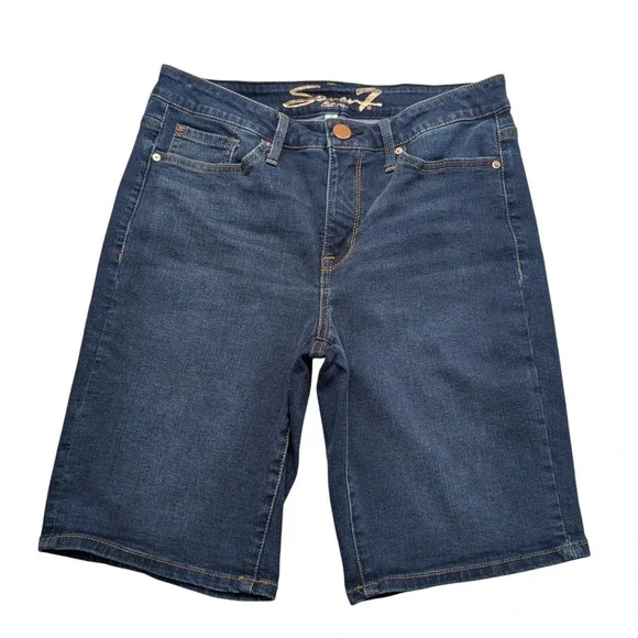 Seven7 Sunset Bermuda Denim Shorts Womens 10 Dark Wash Blue Stretch Mid Rise