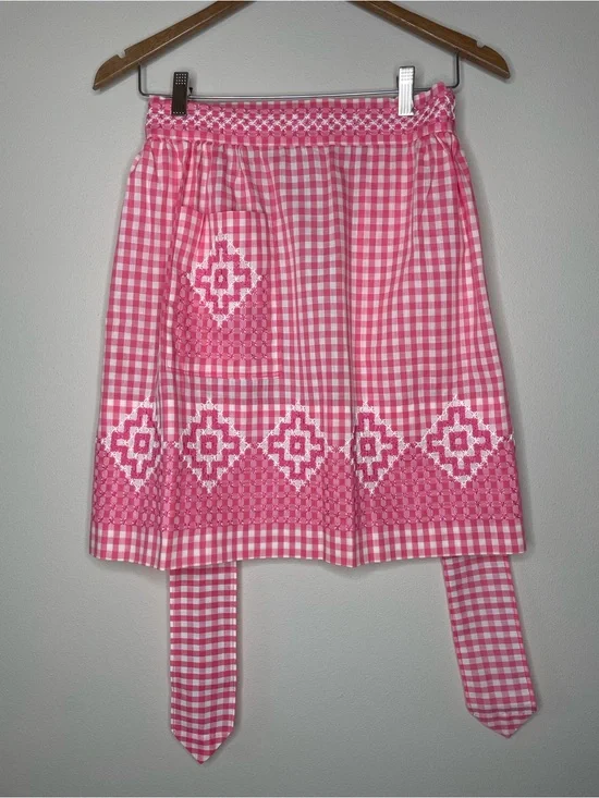 Pink Gingham Embroidered Tea or Half Apron with Chicken Scratch Stitching