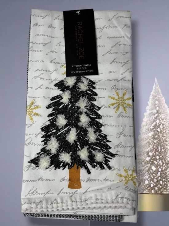 Rachel Zoe White Black Gold Embroidered Holiday Tree Towel Set of 3