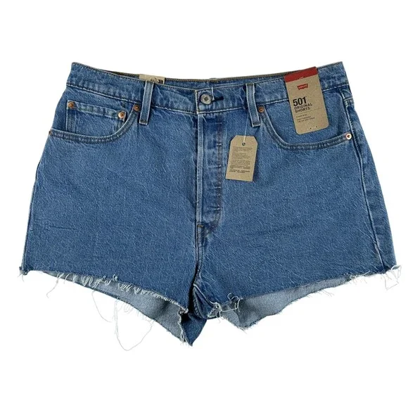 Levi's 501 Shorts Womens 34 Blue Denim High Rise Cutoff Button Fly Raw Hem