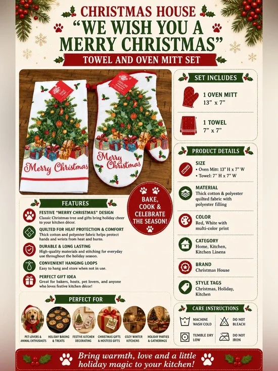 Christmas House “We Wish You A Merry Christmas” Towel and Oven Mitt