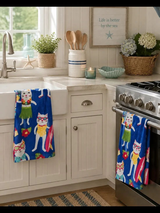 Blue Cat-Print Cotton Kitchen Towels - Playful Beach Design
