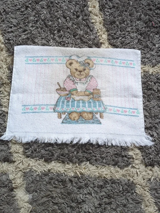 Cute Vintage Grannycore Teddy Bear Kitchen Towel Pink and Teal With Hearts