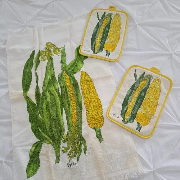 Vera Neumann VTG 1970s Corn 3pc Set Dish Towel Pot Holders MCM Art Kitsch Retro