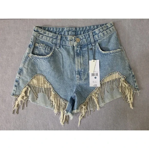 G21  Denim SZ S? Shorts w Studded Fringe Western Festival Rhinestones NWT