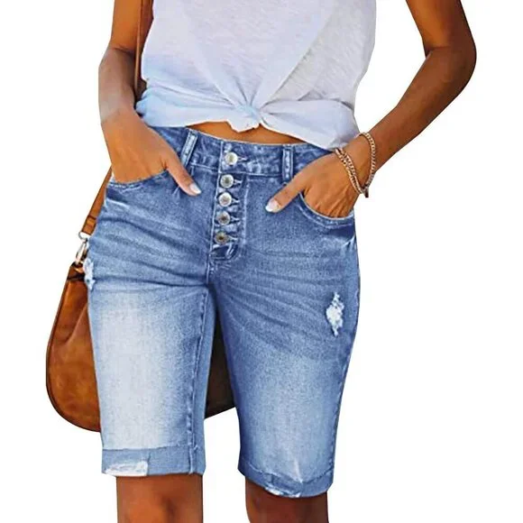 Denim Bermuda Shorts Women High Waist Ripped Knee Length Slim Fit