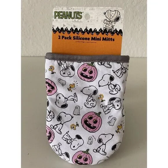 2 Pk Peanuts Halloween Snoopy Woodstock Pink‎ Pumpkin Ghost Mini Oven Mitts NEW
