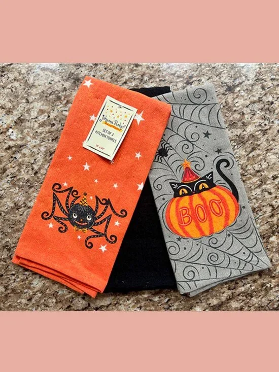 🎃 RARE Johanna Parker Halloween Kitchen Towels Set of 3 - Black Cat & Spider 🕷