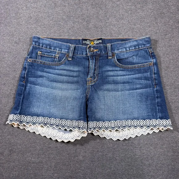Lucky Brand Abbey Jean Shorts 4/27 Women Blue Denim Lace Trim Embroidered Boho