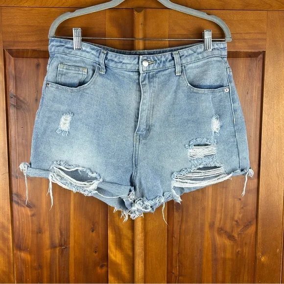 PRETTY LITTLE THING Distressed Denim Blue High Waist Shorts Festival Hippie