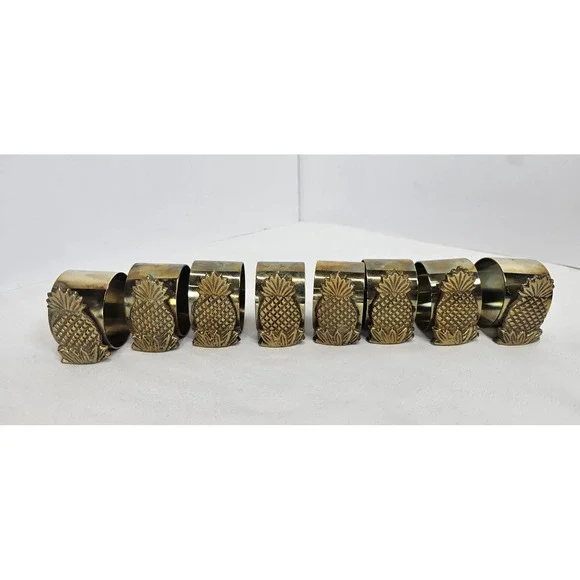 VTG Set Lot Of 8 Brass Pineapple Napkin Rings Beach‎ Island Decor Made In India