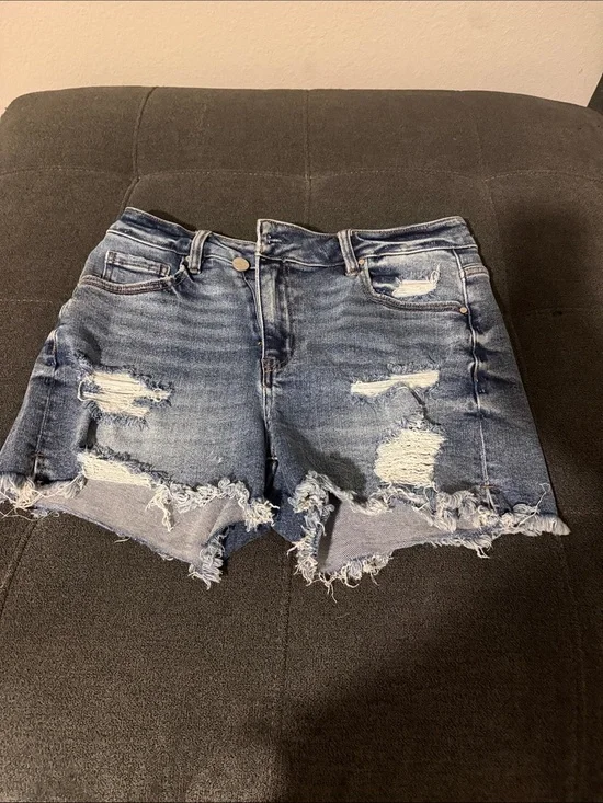 High-Rise Distressed Denim Shorts - Blue
