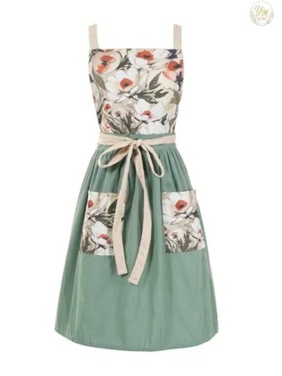 Vintage Floral Pinafore Apron Dress with Pockets, Cotton Blend, Adjustable