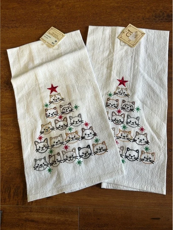 Set of 2 White Kitchen Towels with Embroidered Cat Christmas Tree Design