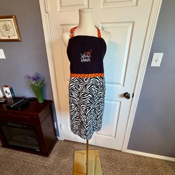 Witchy Woman Halloween Apron Zebra Print Orange Polka Dot Pockets Adjustable