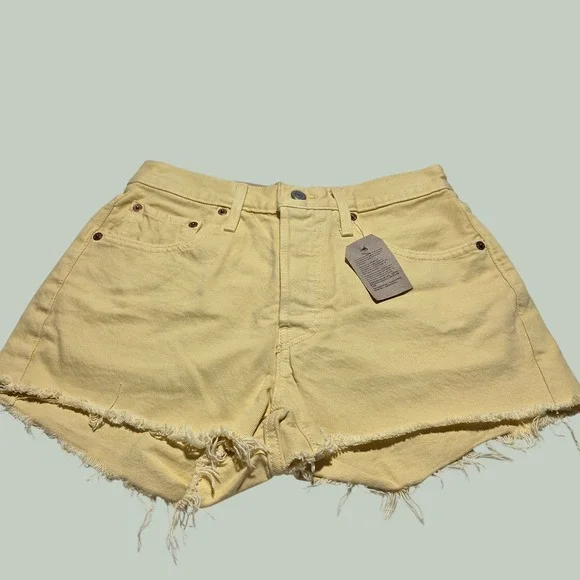 Levis 501 Original High Rise Shorts Yellow Denim Cut Off Frayed Hem 56327-0253