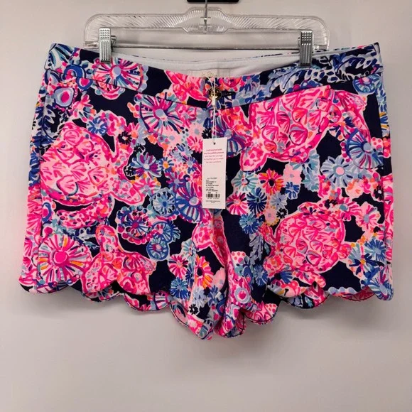 Lilly Pulitzer Buttercup Knit Short Women 14 Navy Pink Scalloped Turtle 005645