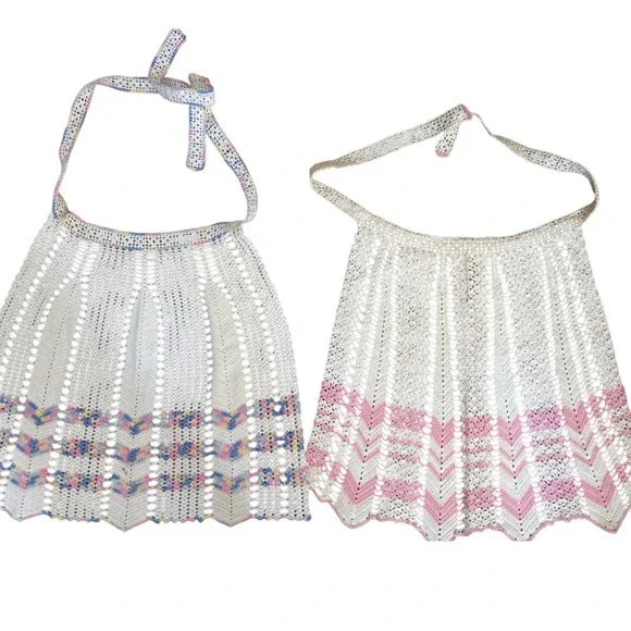 Vintage Handmade Crochet Half Apron Set of 2 Pastel Pink Rainbow Scalloped Hem