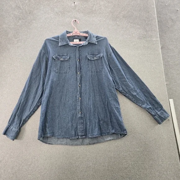 Wrangler Men Button‎ Up Shirt XL Blue Denim Western Long Sleeve