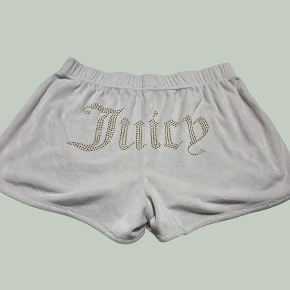Juicy Couture Velour Sleep Shorts White Bedazzled Y2K Rhinestone Logo Womens L