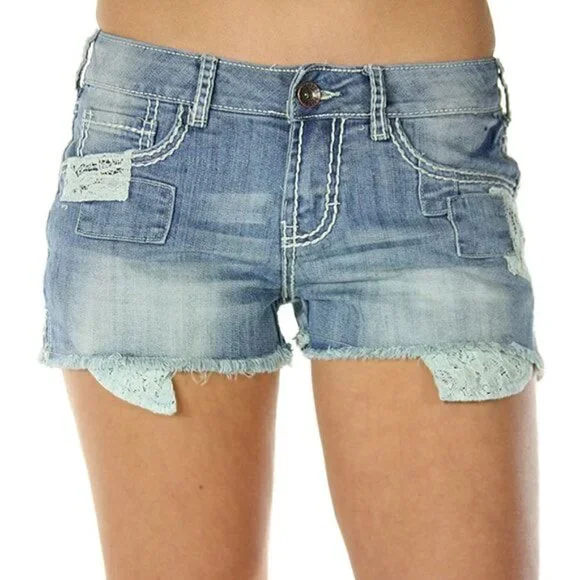 Cowgirl Tuff Light Wash Lace Detail Denim Short Shorts‎ 29