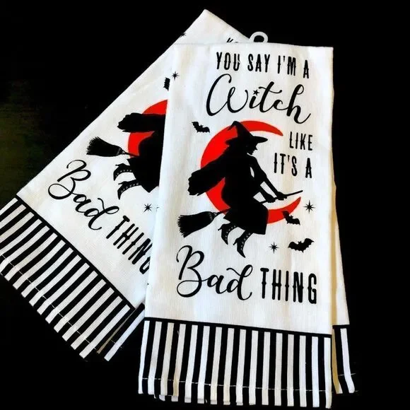 Halloween Flying Witch Kitchen Dish Towels Set