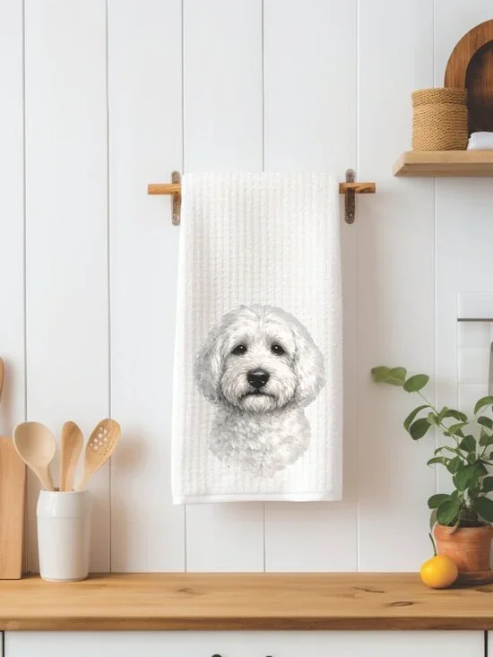 White Doodle Dog Waffle Weave Decorative Kitchen Tea Towel