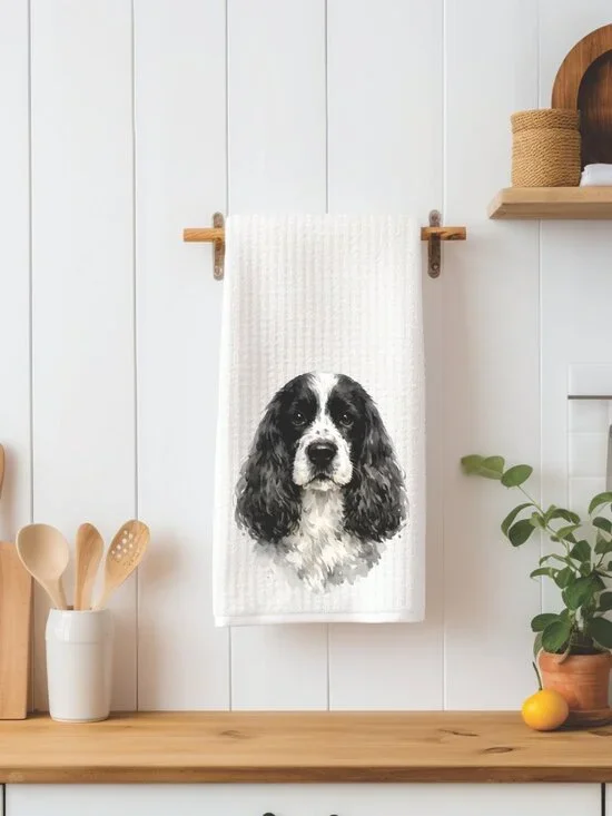 Black & White Cocker Spaniel Dog Waffle Weave Decorative Kitchen Tea Towel