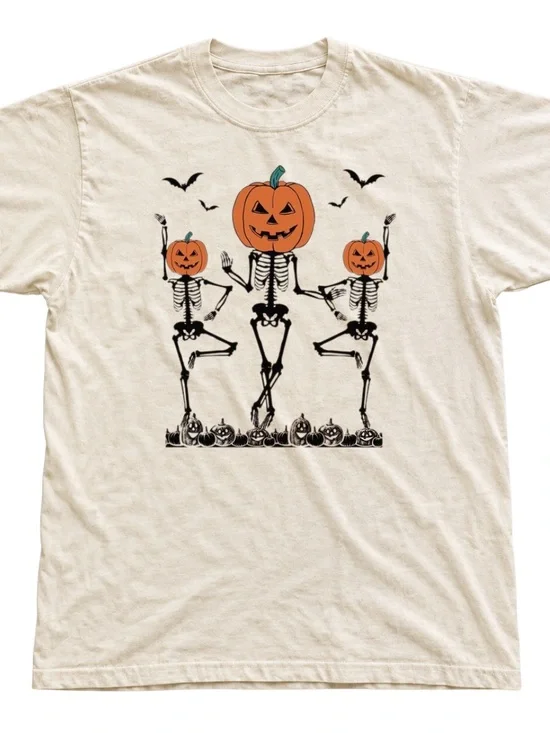 Unisex Tee Shirt | Off White Halloween Skeletons & Pumpkins Short Sleeve Tee