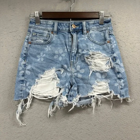 American Eagle Shorts Womens 00 Blue Highest Rise Baggy Floral Distressed Denim