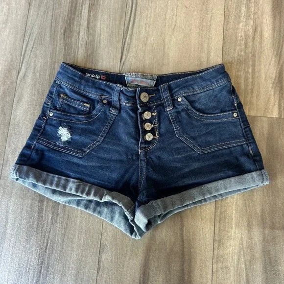 Hot Kiss Womens Dark Wash Get The Lift Button Fly Cuffed Denim Shorts Size 3