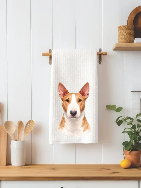 Tan & White Bull Terrier Dog Waffle Weave Decorative Kitchen Tea Towel