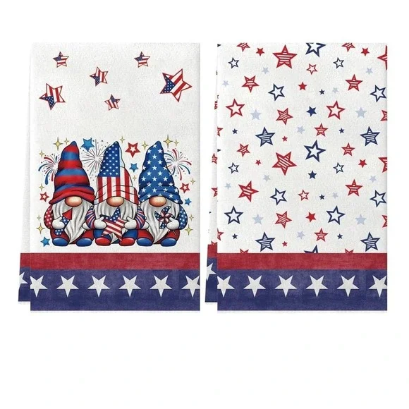 XCHI Patriotic Gnome Stars 4th of July Kitchen Towels Set of 2 Red White Blue