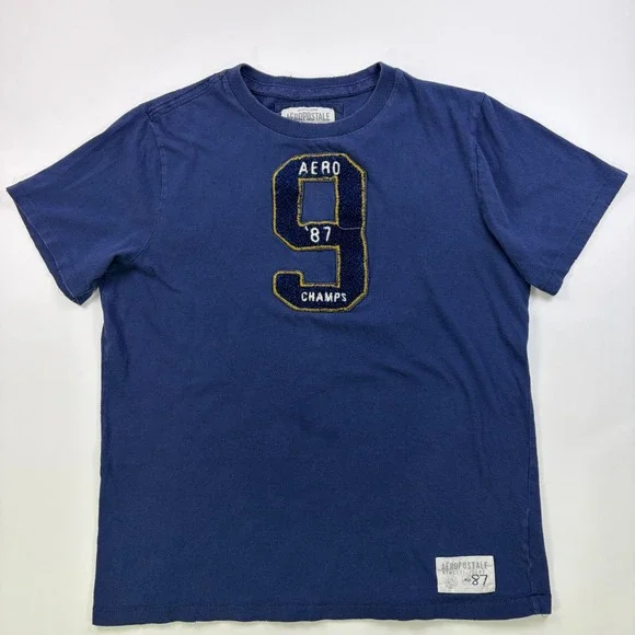 Y2K Aeropostale 1987 Aero Champs Graphic T Shirt Mens Large Navy Chenille Patch