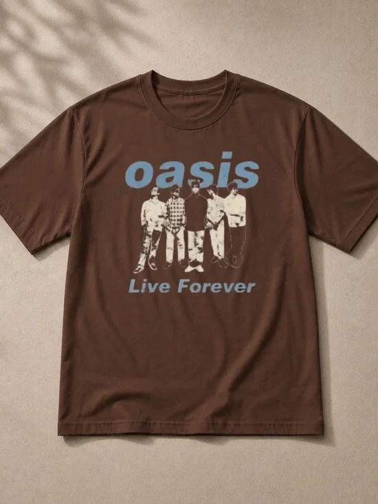 Gildan Brown Oasis 'Live Forever' Graphic Tee with Blue Print