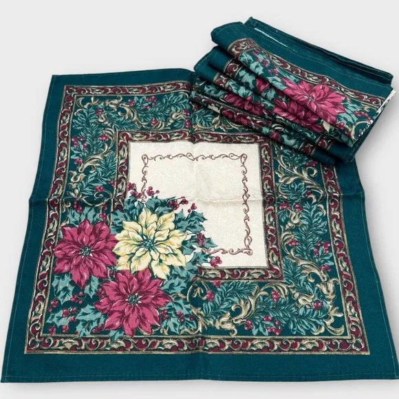 Set 8 Holiday Christmas Poinsettia Napkins Cotton‎ 16