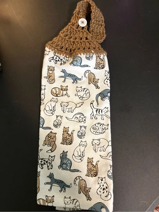 Handmade Brown & Cream Cat Print Hanging Towel - Pet Kitchen Accessory