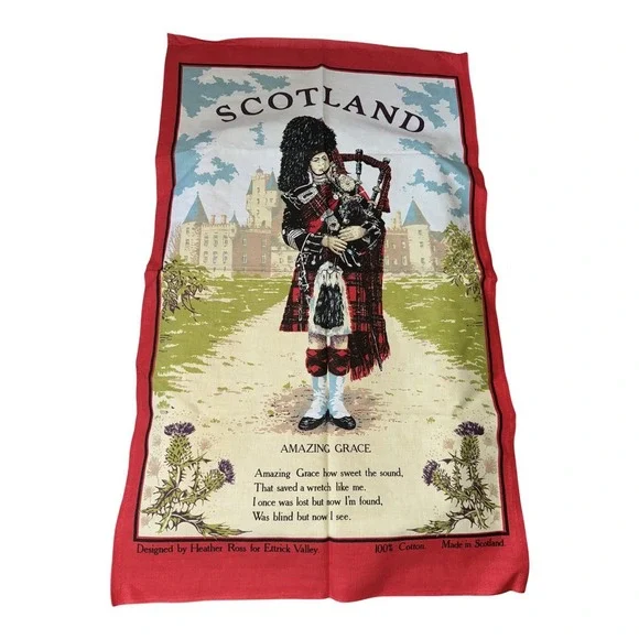 Amazing Grace Scotland Tea Towel Bagpiper Heather Ross Etrick Valley Cotton