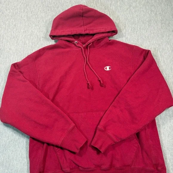 Champion Hoodie Men L‎ Red Reverse Weave Pullover Embroidered Logo Fleece Sweat