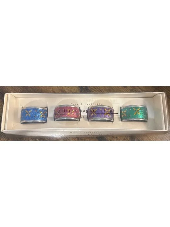 4 Pier 1 Glitter Napkin Rings NEW Nickel-plated Christmas