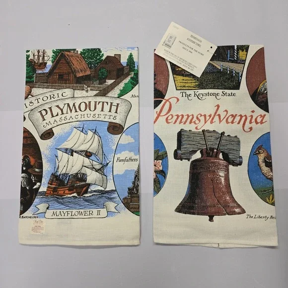 Vintage Kay Dee Stevens Linen‎ Souvenir Towels Plymouth MA Pennsylvania Set of 2